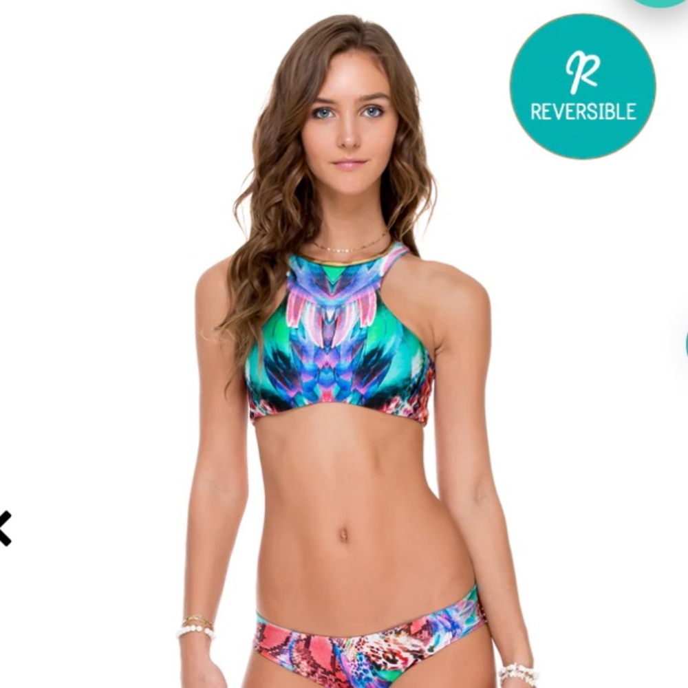 Luli Fama-gorgeous chaos collection-high neck-reversible swim top with lace back